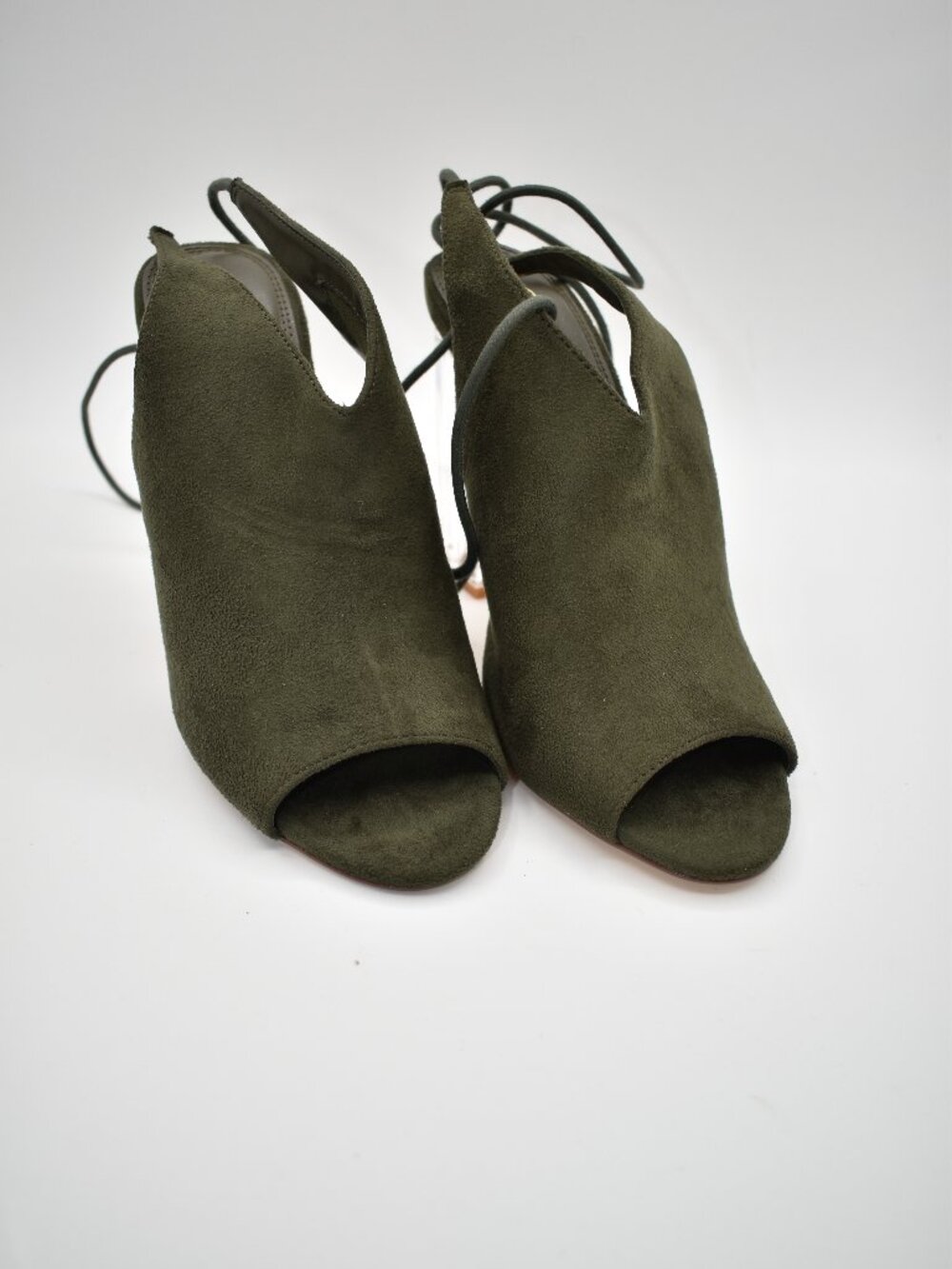 New w/ Box 7.5 Olive Green Olivia Jaymes Suede Clear Block Heel Lace Up Open Toe